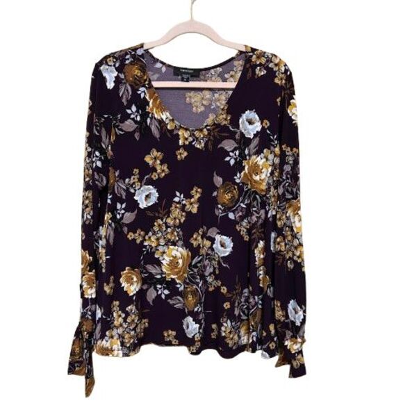 Karen Kane Floral Stretch Jersey Knit Top Women XL Tie Sleeve Purple Gold Autumn - Picture 1 of 7